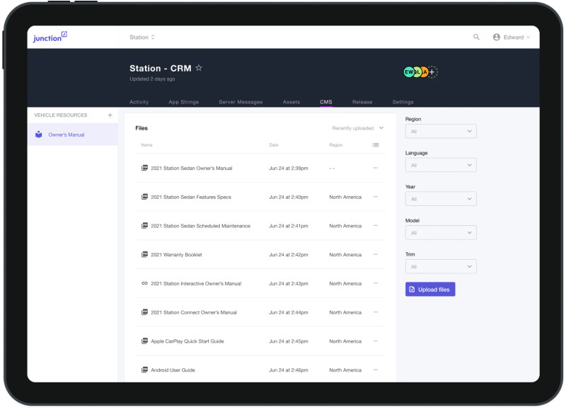 Tablet or Web Screenshot of Junction CRM integration dashboard with a list of PDFs and other sample files